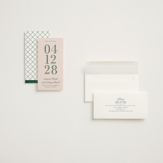 This is a rose save the date with standard by Megan Davis called hepburn printing on signature in tall