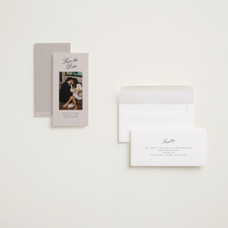 This is a clay save the date with standard by Olivia Kanaley Inman called hayworth printing on recycled smooth signature in tall