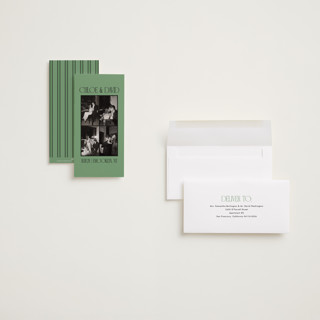 This is a jade save the date with standard by Morgan Kendall called quad printing on recycled smooth signature in tall
