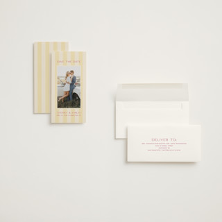 This is a lemon save the date with standard by Ellen Schlegelmilch called palmetto printing on recycled smooth signature in tall