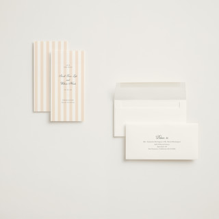 This is a peach save the date with standard by Sara Hicks Malone called awning stripe printing on signature in tall