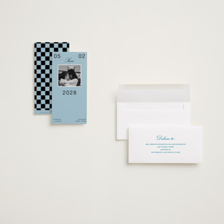 This is a wave save the date with standard by Blustery August called chess printing on recycled smooth signature in tall