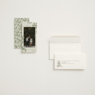 This is a jungle save the date with standard by Jenna Holcomb called vintage tropics printing on recycled smooth signature in tall