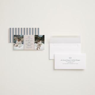This is a lagoon save the date with standard by Snow and Ivy called palermo printing on recycled smooth signature in tall