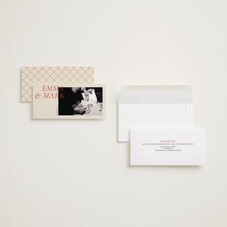 This is a pomodoro save the date with standard by Hattie and Jane called editorial moment printing on recycled smooth signature in tall