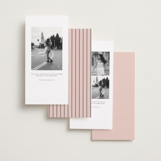 This is a soft rose save the date with standard by Rina Ozum called photo booth romance printing on recycled smooth signature in tall