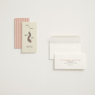 This is a rose save the date with standard by Sarah Rosenthal called tournelle printing on signature in tall