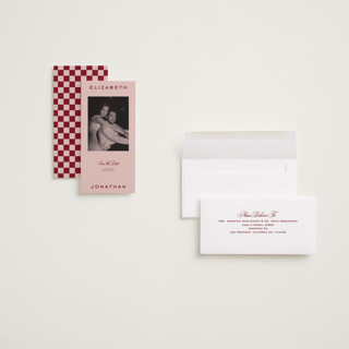 This is a scarlet save the date with standard by Creo Study called modern showcase printing on recycled smooth signature in tall