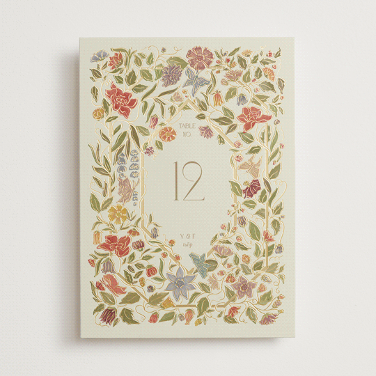 "Radiant Botany" - Rustic Foil-pressed Table Numbers in Mint by Simona Camp.