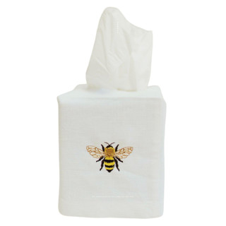 This is a white home decor by Virginia Marcello called linen tissue box cover embroidered with bespoke bumble bee design in standard