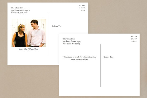 This is a cream thank you postcards with standard by Hannah Williams called mountain affair printing on signature in postcard