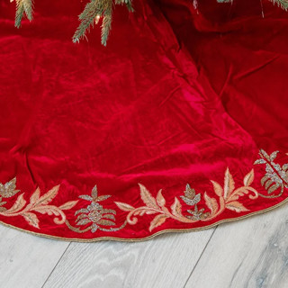This is a red holiday decorations by Courtney Bedi called standard size red velvet gold embroidered tree skirt christmas holiday gift in standard