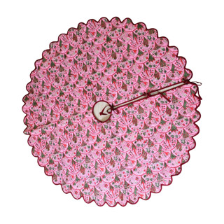 This is a pink holiday decorations by Michelle Pham called scalloped blockprint quilted tree skirt in reversible holiday arch and stripes in standard