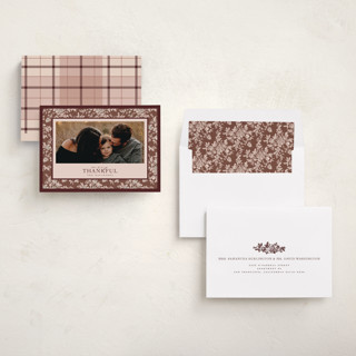 This is a cocoa thanksgiving cards invitations with standard by Jenna Holcomb called merry floral toile printing on recycled smooth signature in standard