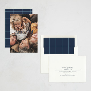 This is a navy thanksgiving cards invitations with standard by Liz Conley called gratefully centered printing on recycled smooth signature in standard