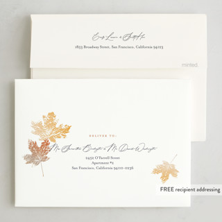 This is a denim thanksgiving cards invitations with standard by Eric Clegg called falling leaves printing on recycled smooth signature in standard
