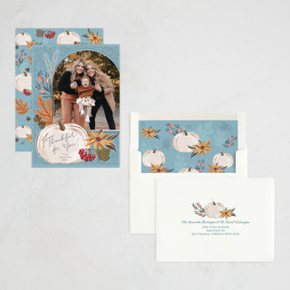 This is a sky thanksgiving cards invitations with standard by Hanna Symonovych called thanksgiving pumpkin and gold printing on recycled smooth signature in standard