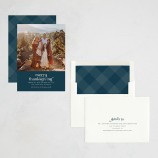 This is a blue denim thanksgiving cards invitations with standard by Louise Kay called merry thanksgiving printing on recycled smooth signature in standard