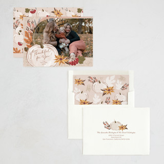 This is a buttercream thanksgiving cards invitations with standard by Hanna Symonovych called thanksgiving pumpkin and gold printing on recycled smooth signature in standard