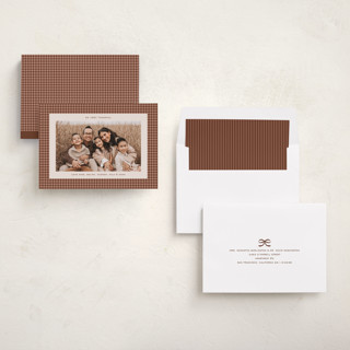 This is a pecan thanksgiving cards invitations with standard by Kelly Watkins called thankful gingham printing on recycled smooth signature in standard