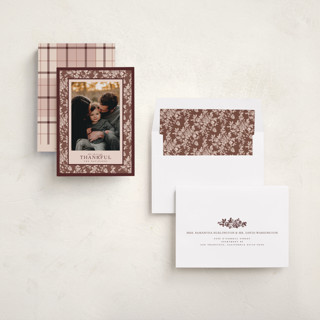 This is a cocoa thanksgiving cards invitations with standard by Jenna Holcomb called merry floral toile printing on recycled smooth signature in standard
