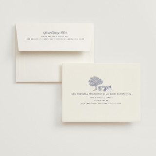 This is a periwinkle wedding thank you cards with standard by Jenna Holcomb called southern charm toile printing on strathmore in standard