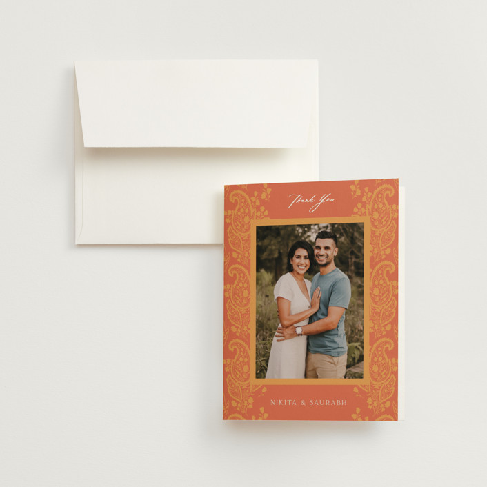 "Heritage Paisley" - Bohemian Folded Wedding Thank You Cards in Tangerine by Kanika Mathur.