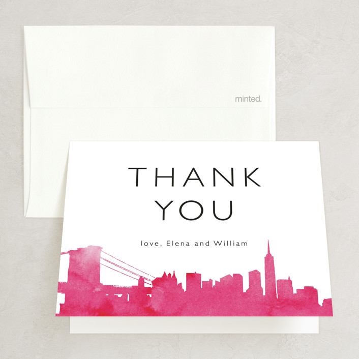 "Skyline -New York" - Folded Wedding Thank You Cards in Magenta by Laura Condouris.