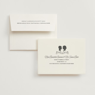 This is a champagne wedding thank you cards with standard by Jessie Steury called vintage silhouettes printing on strathmore in standard