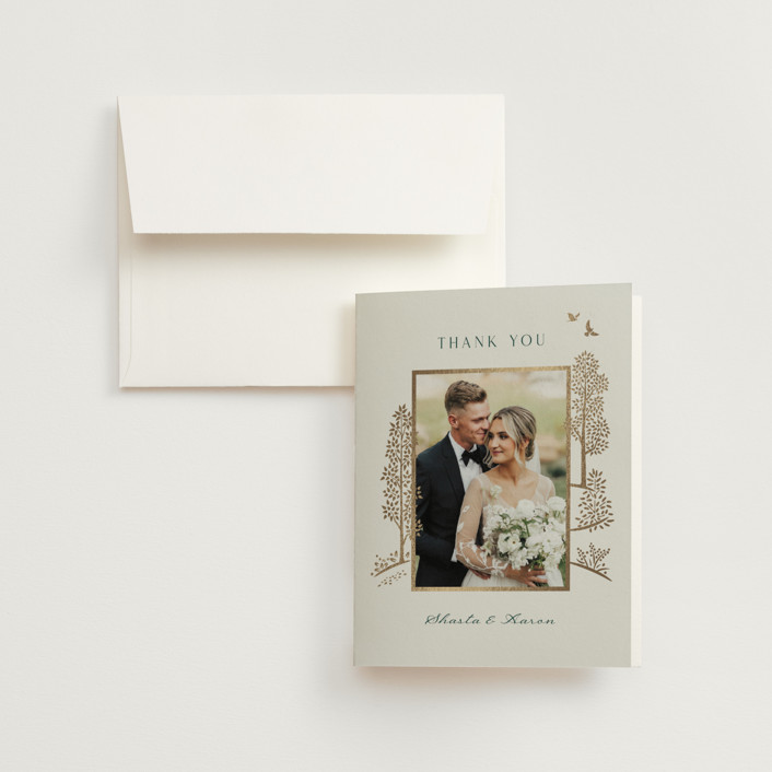 "Mountaintop" - Destination, Rustic Foil-pressed Folded Wedding Thank You Cards in Evergreen by Paper Sun Studio.