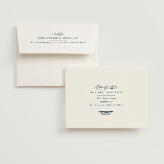 This is a dark navy wedding thank you cards with foil pressed by Hooray Creative called opulent border printing on strathmore in standard