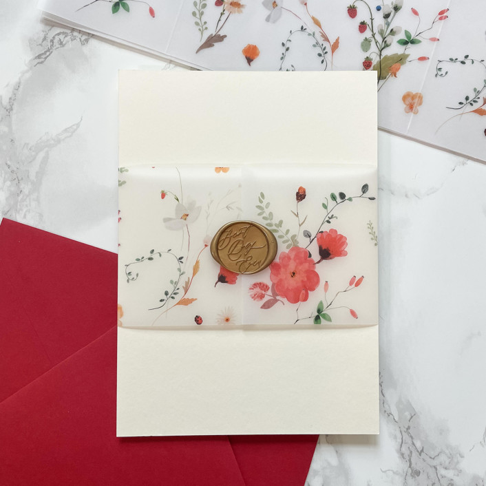Red Wildflower Vellum Belly Bands for Wedding Invitations 3" (25 Pack)