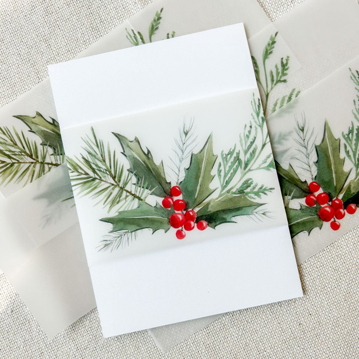 Holly Pine Sprigs Vellum Belly Bands | Set of 25