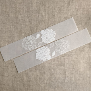 This is a white belly bands by Ivory Invitations called hydrangea floral white ink printed vellum belly band for 5x7 card | pack of 10 in standard