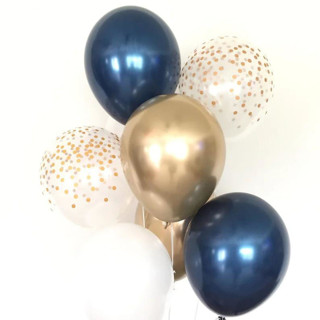 This is a blue wedding decor by Marci McCue called navy and gold balloons | set of 8 standard 11" latex balloons in standard