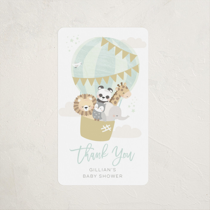 "baby balloon ride" - Whimsical & Funny Baby Shower Stickers in Seafoam by peetie design.