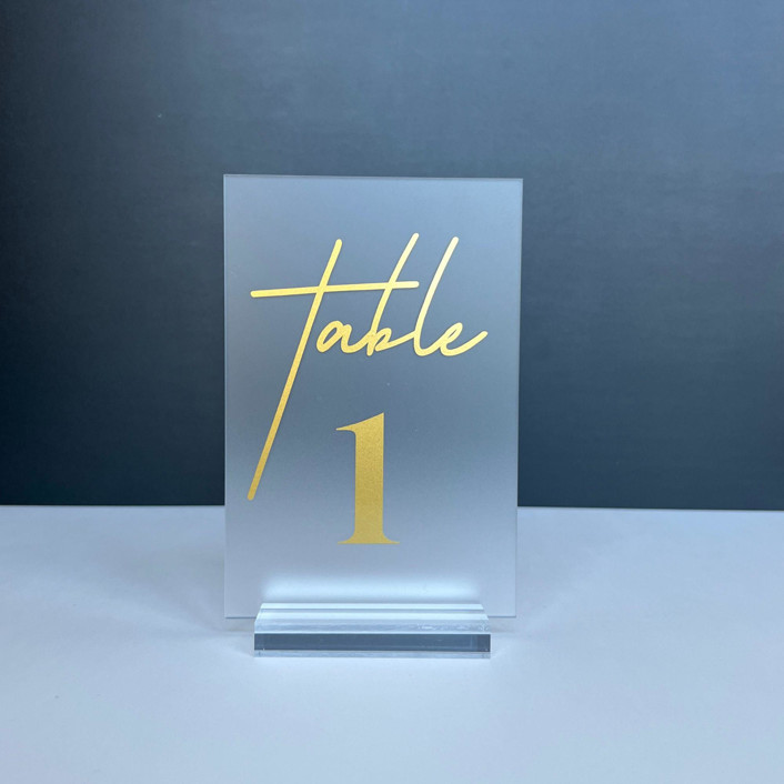 Frosted Acrylic Table Number, Gold Lettering And Clear Acrylic Base