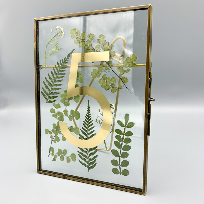 Wedding Table Number Antique Gold Glass Pressed Flower Frame