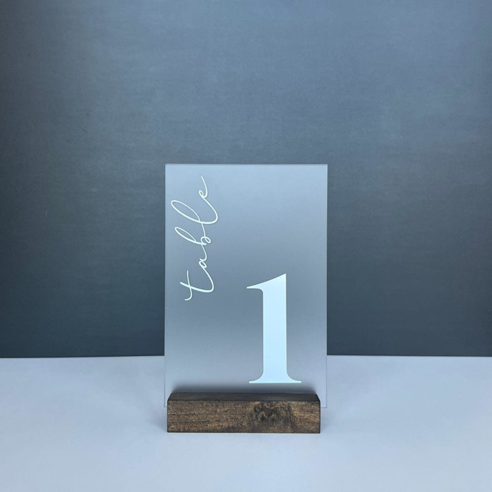 Frosted Acrylic Table Number, White Lettering And Walnut Wood Base