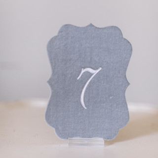 This is a gray table numbers by Velvet Raptor called dove script scroll table number in standard