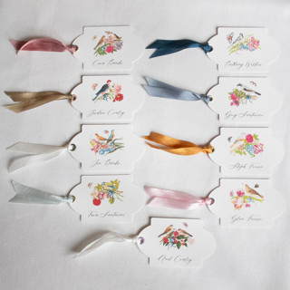 This is a multicolorassorted-colors wedding place cards by Clover and Lamb called custom place cards // brilliant birds (set of 9) in standard