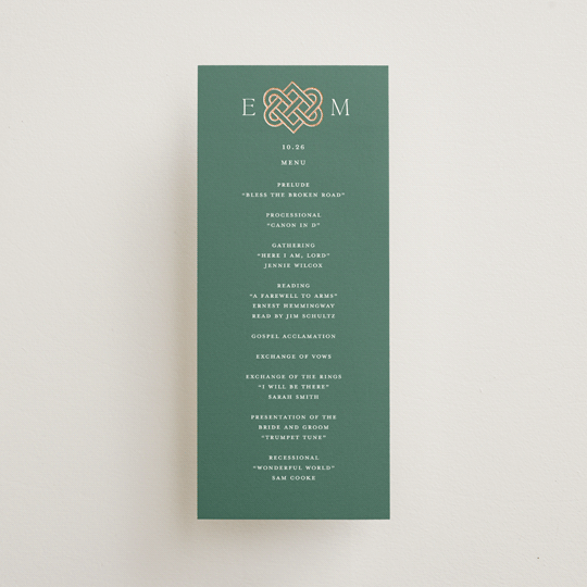 "Celtic Love Knot" - Foil-pressed Wedding Programs in Clover by Kerry Doyle.