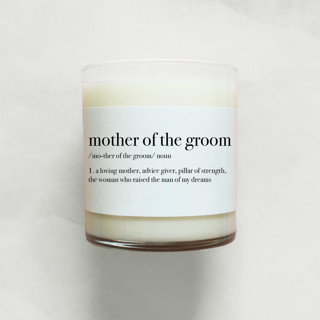 This is a white wedding gifts by Aria Bella Candles called mother of the groom definition soy candle | 10.5oz candle in standard
