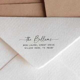 This is a black address labels by Sara Luke called custom calligraphy return address stamp | personalized self-inking stamp in standard