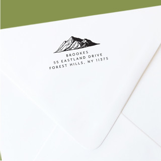 This is a black address labels by The Homebody Society called custom return address stamp | outdoor mountain wedding design | self-inking in standard