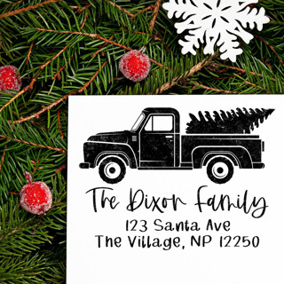 This is a black address labels by Casey Harp called custom holiday truck address stamp | self-inking | black ink in standard