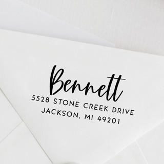 This is a black address labels by Sara Luke called modern script custom address stamp | self inking in standard