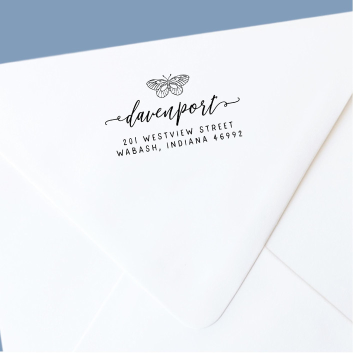 Custom Return Address Stamp | Moth With Romantic Script Design | Self-Inking