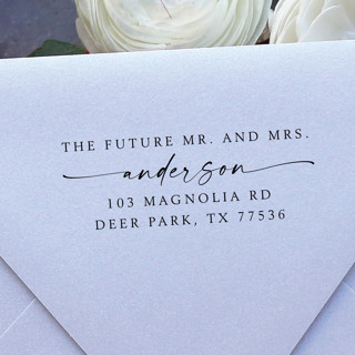 This is a black address labels by Samantha Malvey called future mr. mrs. stamp | self inking return address stamp in standard