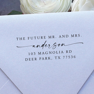 This is a black address label by Samantha Malvey called Future Mr. Mrs. Stamp | Self Inking Return Address Stamp in standard.